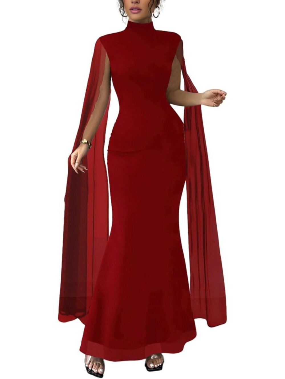 Women's Red Elegant Mock Neck Pull On Bodycon Formal Maxi Dress With Cape - Picture 5 of 6